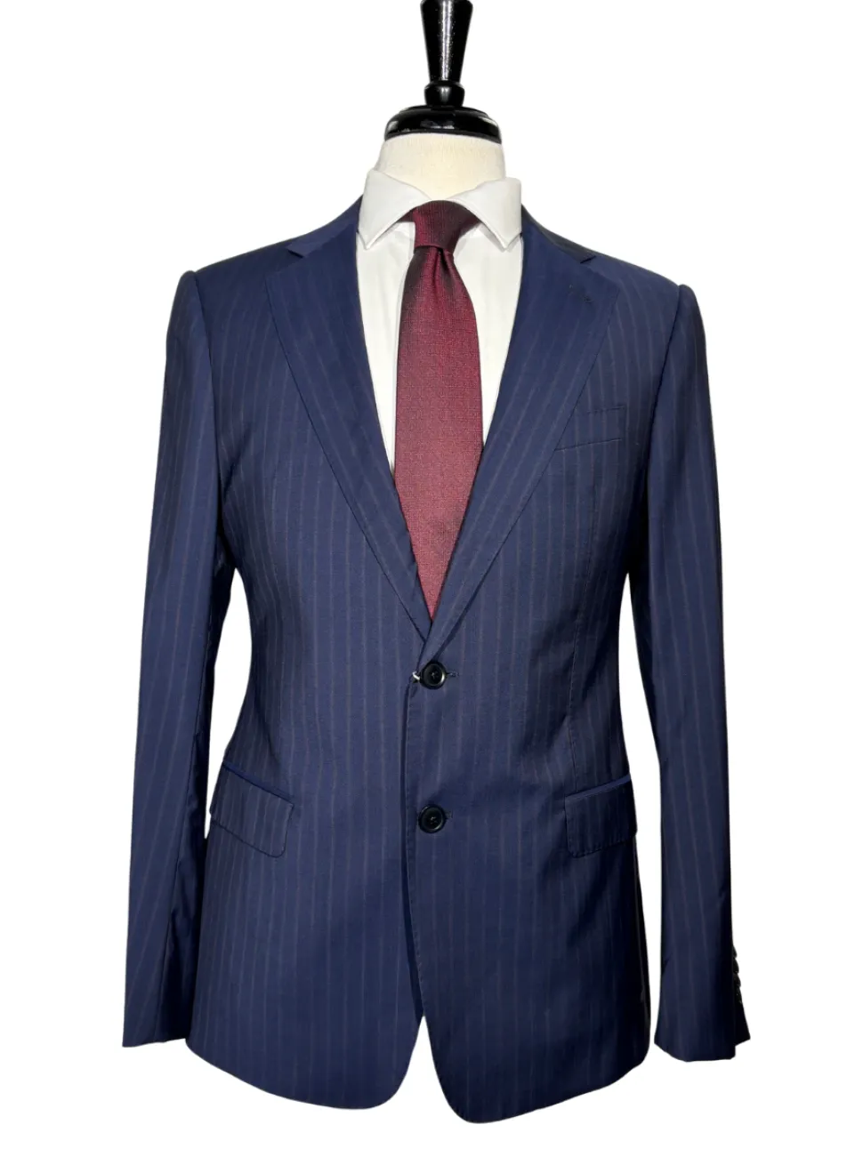 Armani Collezioni S-Line Blue With Burgundy Pinstriped Notch Lapel Wool 2-Button Suit - 36R