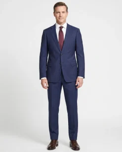 Armani Collezioni S-Line Blue With Burgundy Pinstriped Notch Lapel Wool 2-Button Suit - 36R