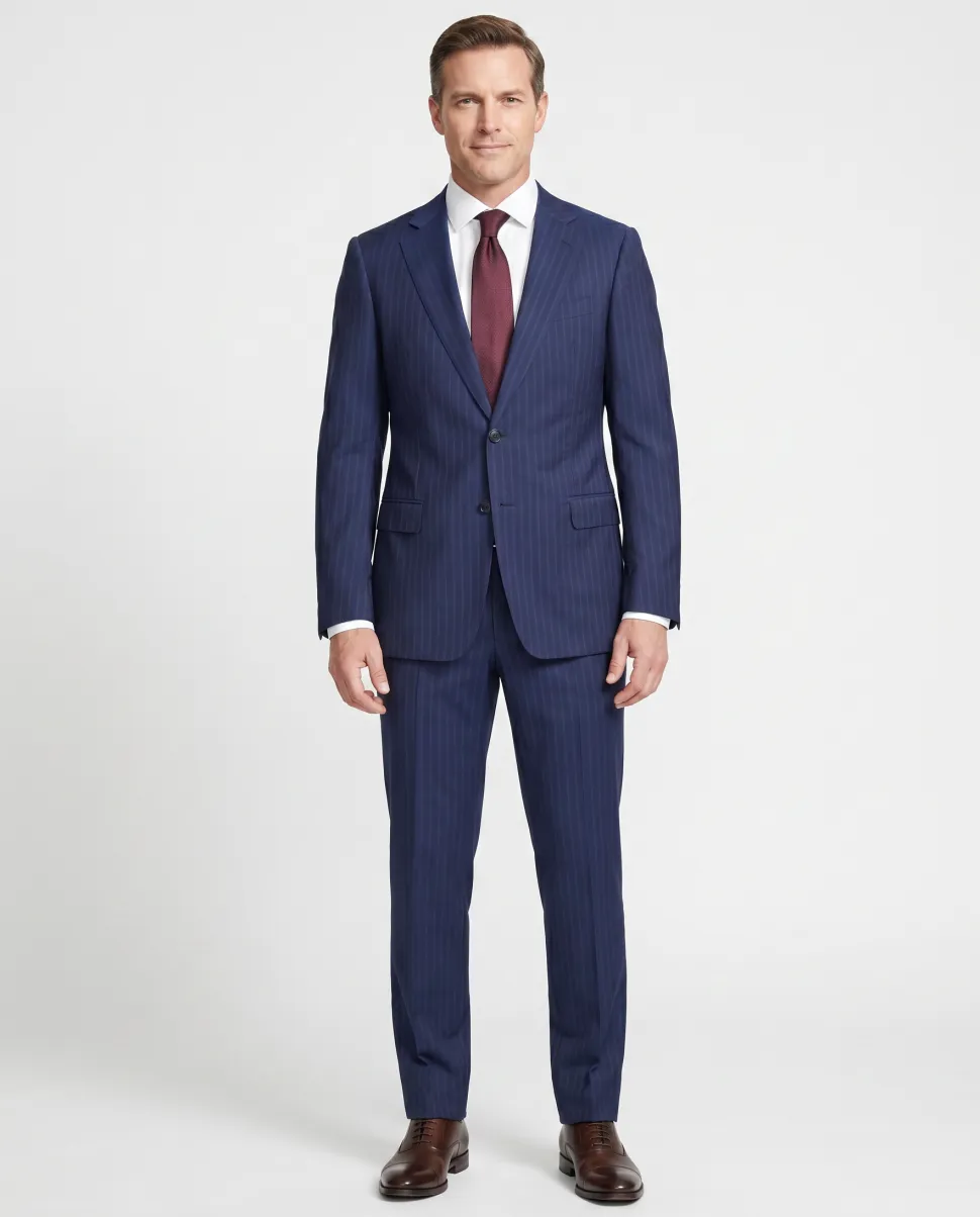 Armani Collezioni S-Line Blue With Burgundy Pinstriped Notch Lapel Wool 2-Button Suit - 36R