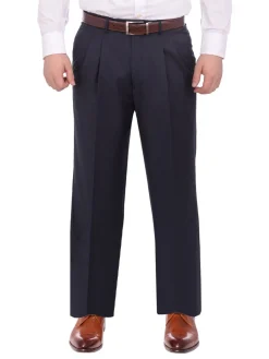 Armanno Uomo Regular Fit Solid Navy Blue Double Pleated Unhemmed Dress Pants