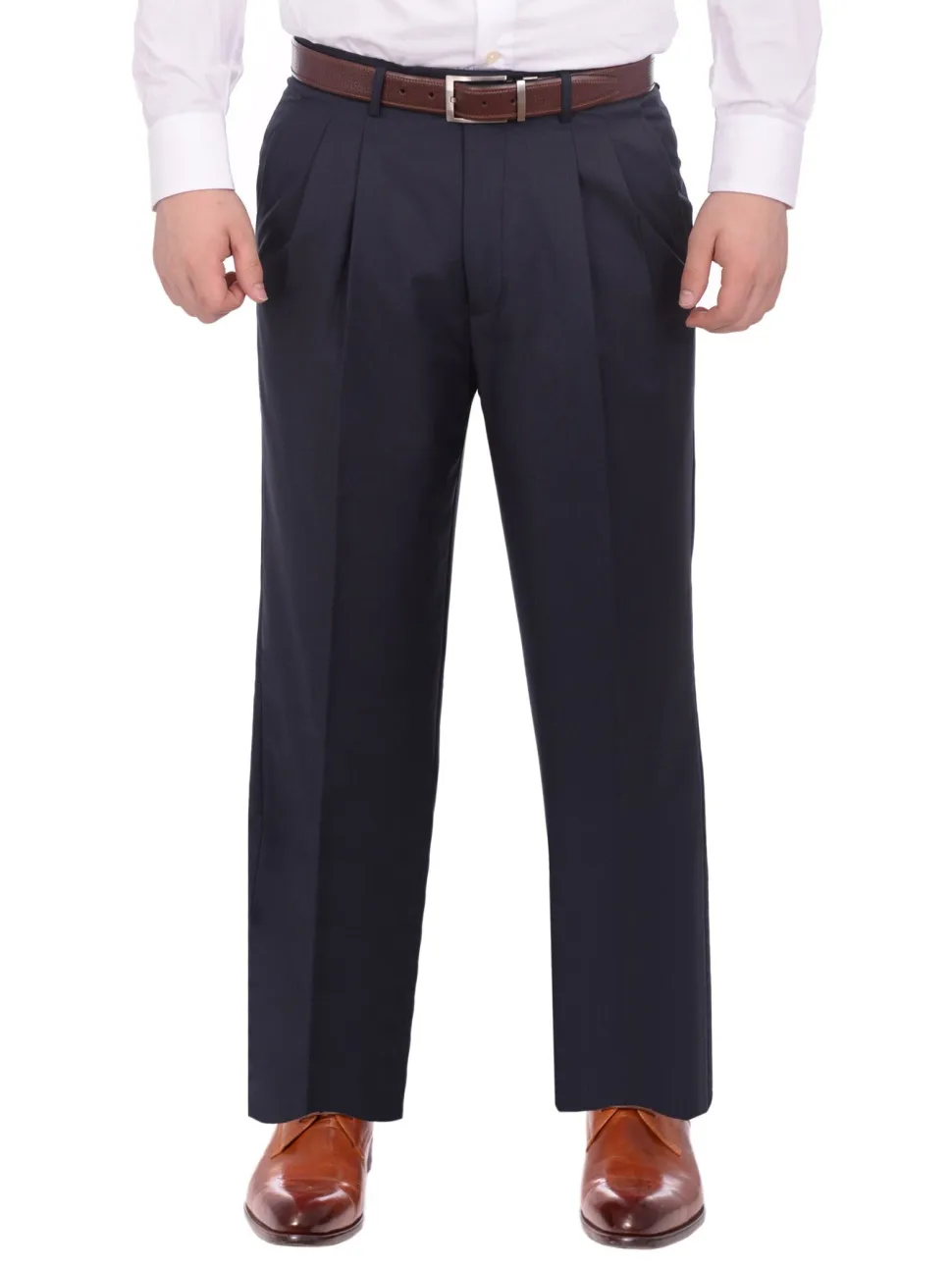 Armanno Uomo Regular Fit Solid Navy Blue Double Pleated Unhemmed Dress Pants