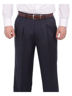 Armanno Uomo Regular Fit Solid Navy Blue Double Pleated Unhemmed Dress Pants
