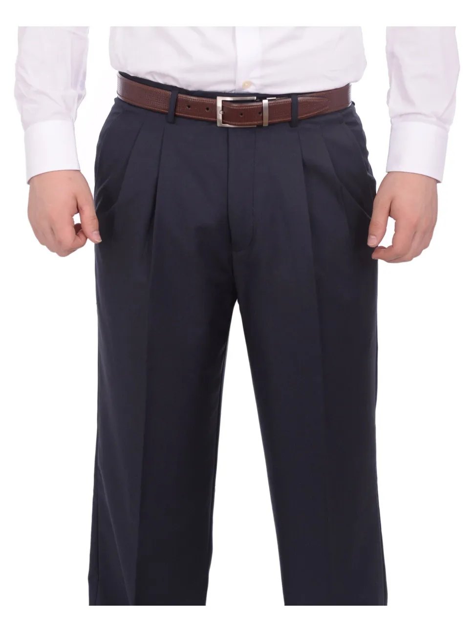 Armanno Uomo Regular Fit Solid Navy Blue Double Pleated Unhemmed Dress Pants