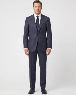 Atica Navy & Orange Pinstripe Classic Fit Peak Lapel Half-Canvassed 2 Button Wool Suit