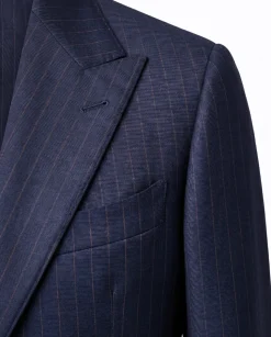 Atica Navy & Orange Pinstripe Classic Fit Peak Lapel Half-Canvassed 2 Button Wool Suit