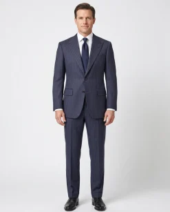 Atica Navy & Orange Pinstripe Slim Fit Peak Lapel Half-Canvassed 2 Button Wool Suit