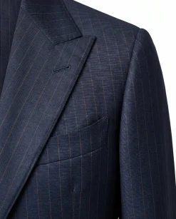Atica Navy & Orange Pinstripe Slim Fit Peak Lapel Half-Canvassed 2 Button Wool Suit