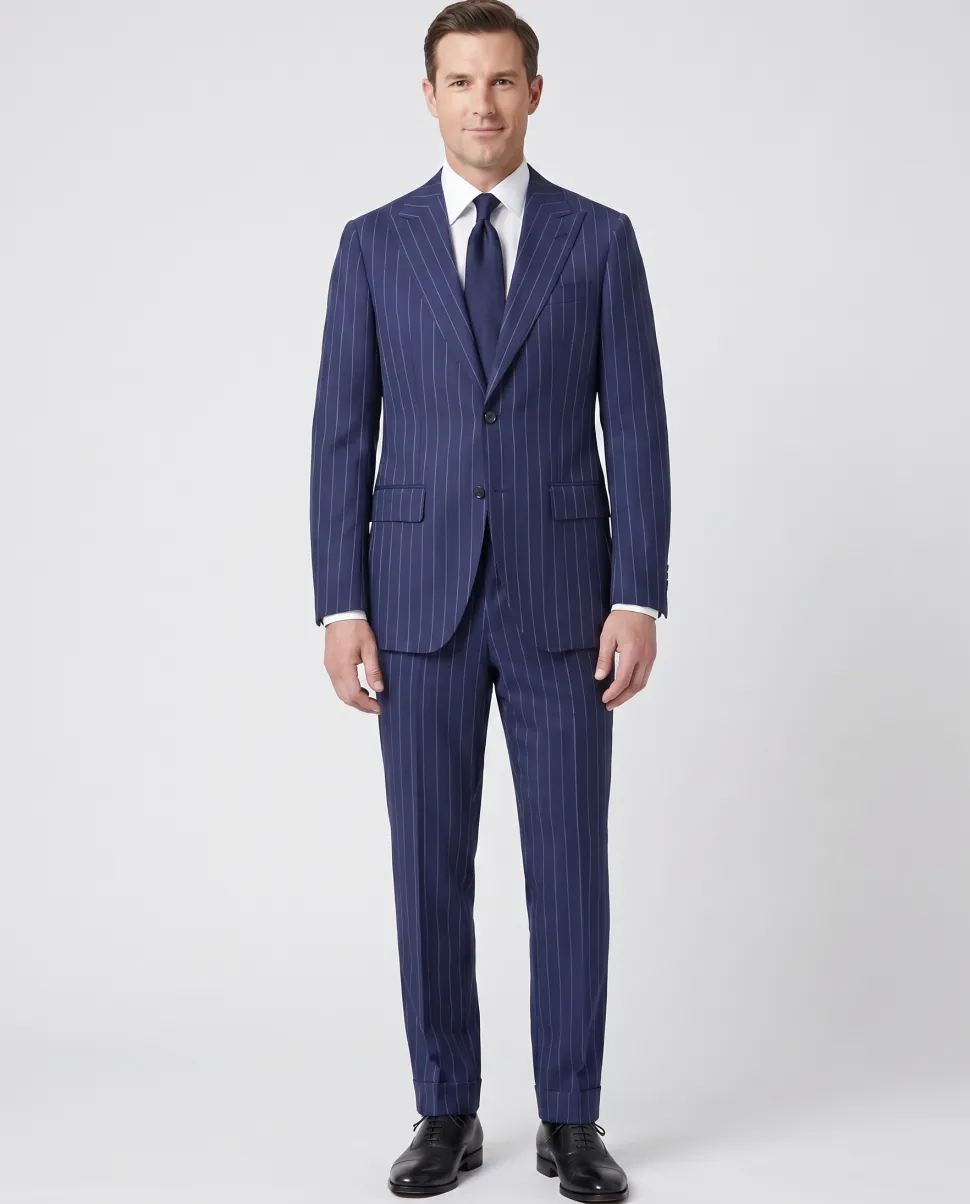 Atica Navy Pinstripe Classic Fit Peak Lapel Half-Canvassed 2 Button Wool Suit