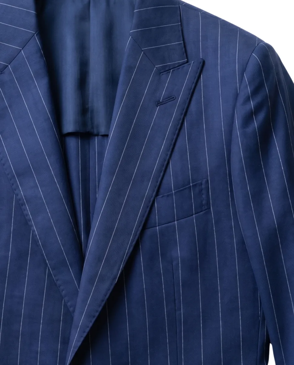 Atica Navy Pinstripe Slim Fit Peak Lapel Half-Canvassed 2 Button Wool Suit