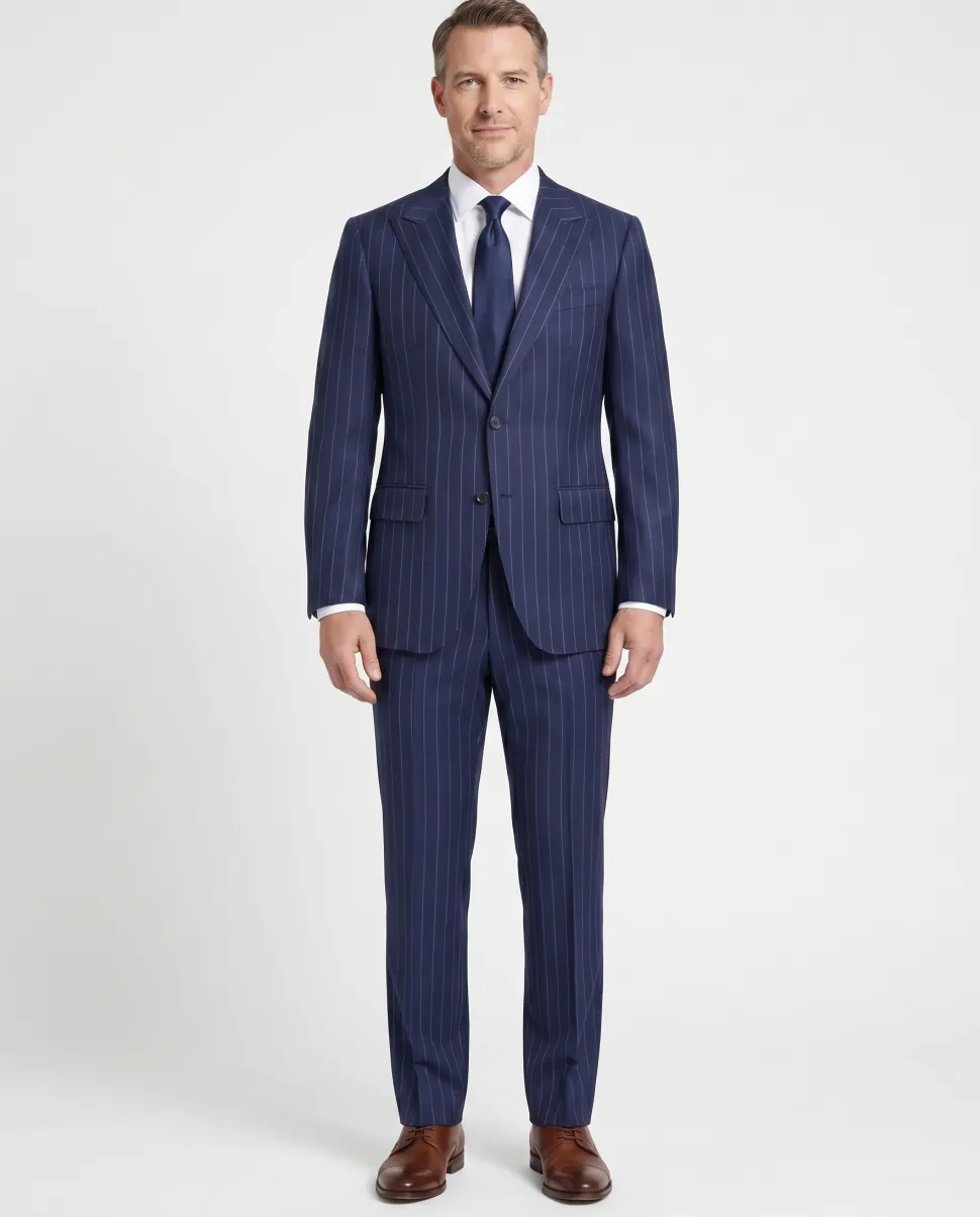 Atica Navy Pinstripe Slim Fit Peak Lapel Half-Canvassed 2 Button Wool Suit