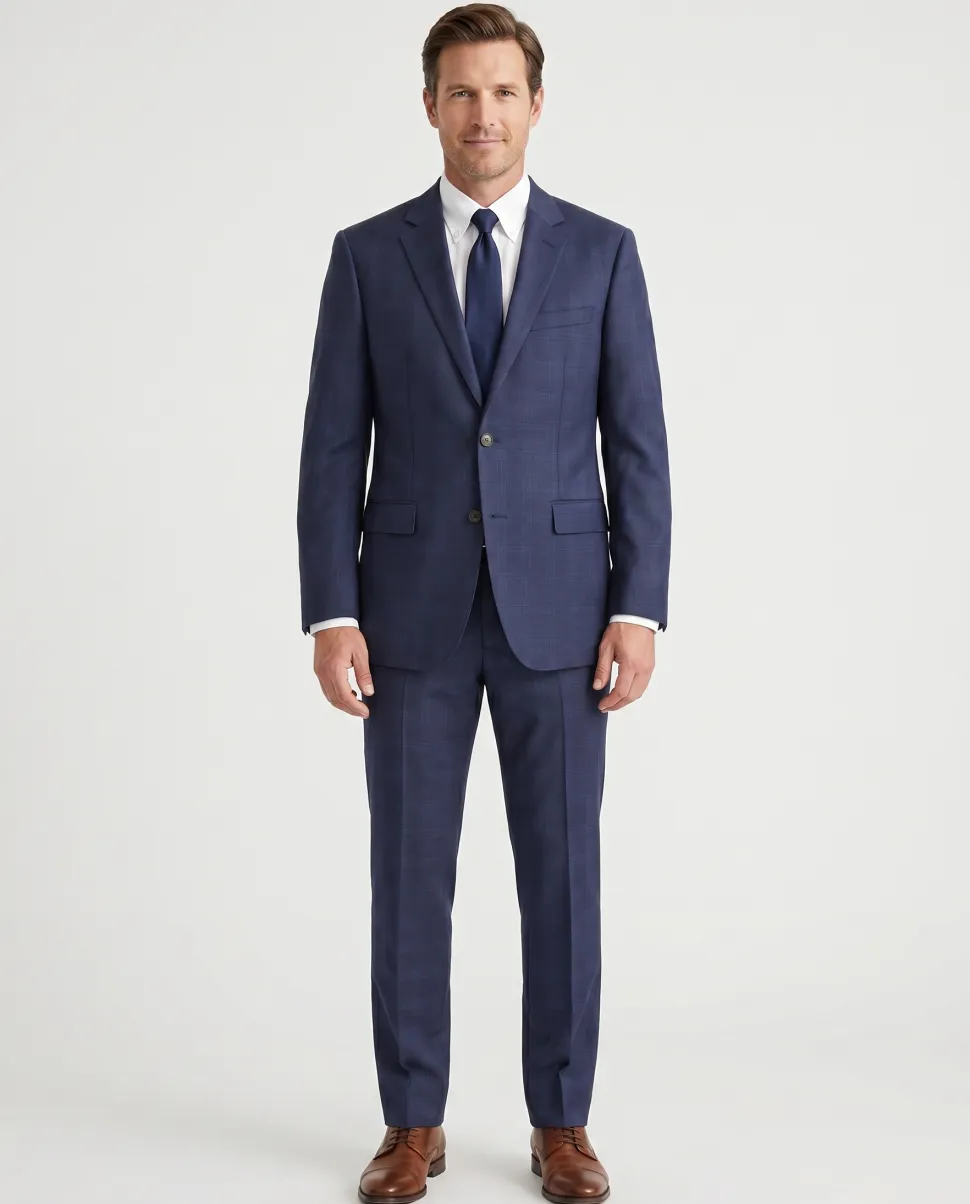 Atica Navy Plaid Classic Fit Half-Canvassed Notch Lapel 2-Button Wool Suit