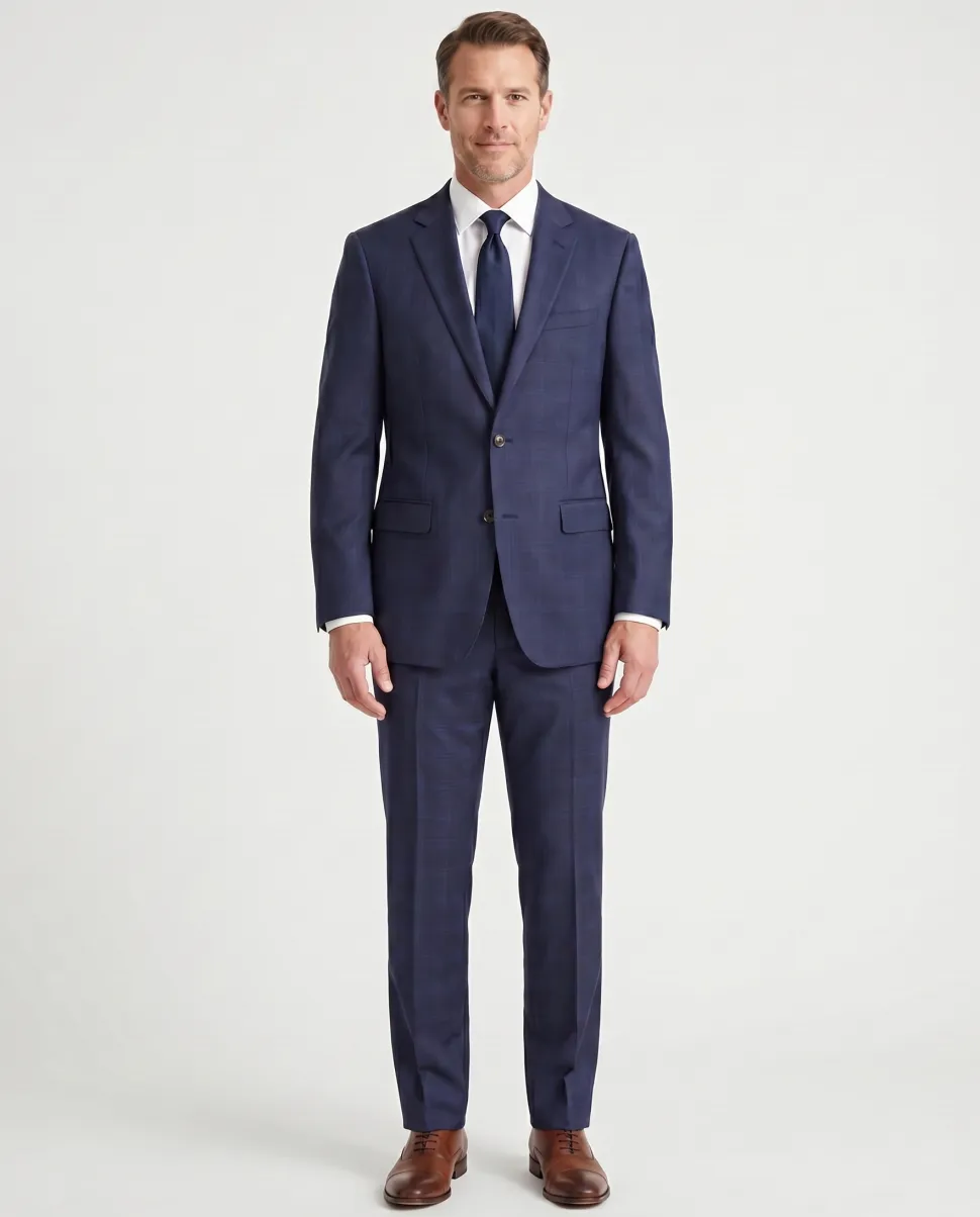 Atica Navy Plaid Slim Fit Half-Canvassed Notch Lapel 2-Button Wool Suit