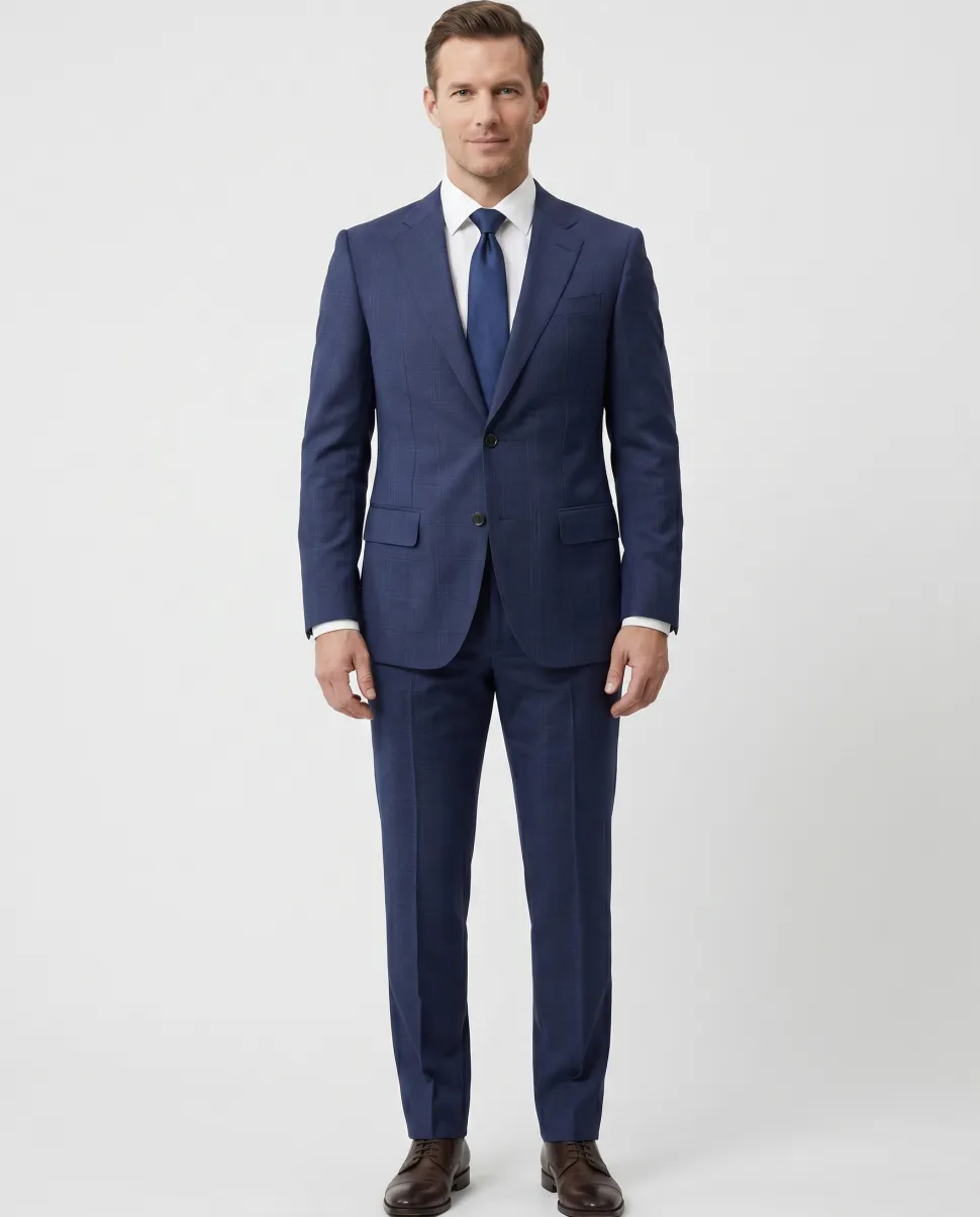Atica Navy Windowpane Classic Fit Notch Lapel Half-Canvassed Reda Wool 2-Button Suit