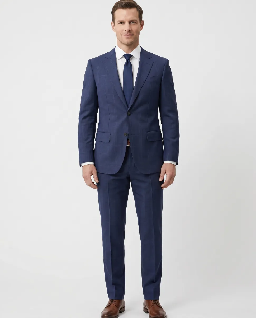 Atica Navy Windowpane Slim Fit Notch Lapel Half-Canvassed Reda Wool 2-Button Suit