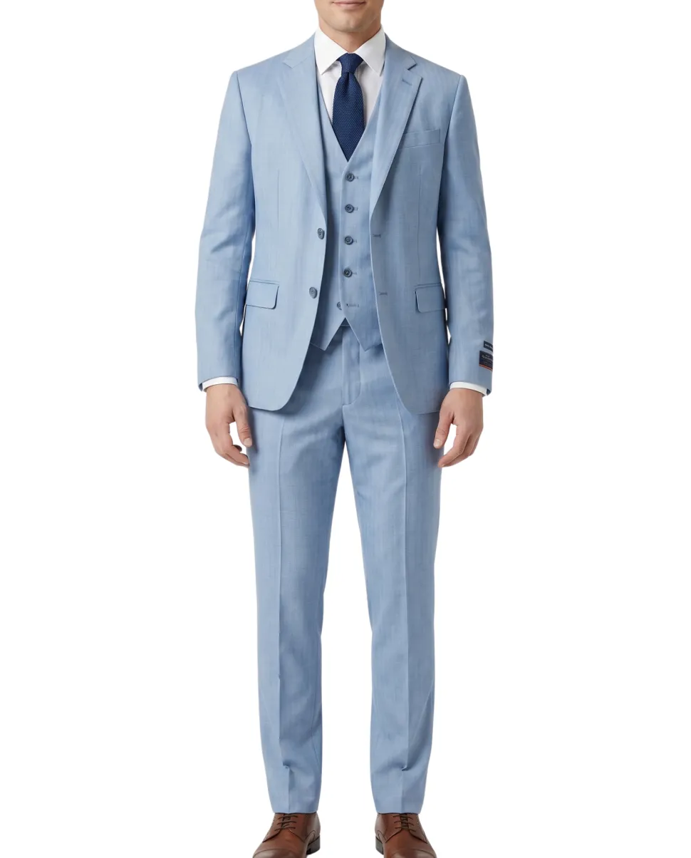 Beragamo Blue Herringbone Slim Fit Notch Lapel Stretch 3-Piece Suit