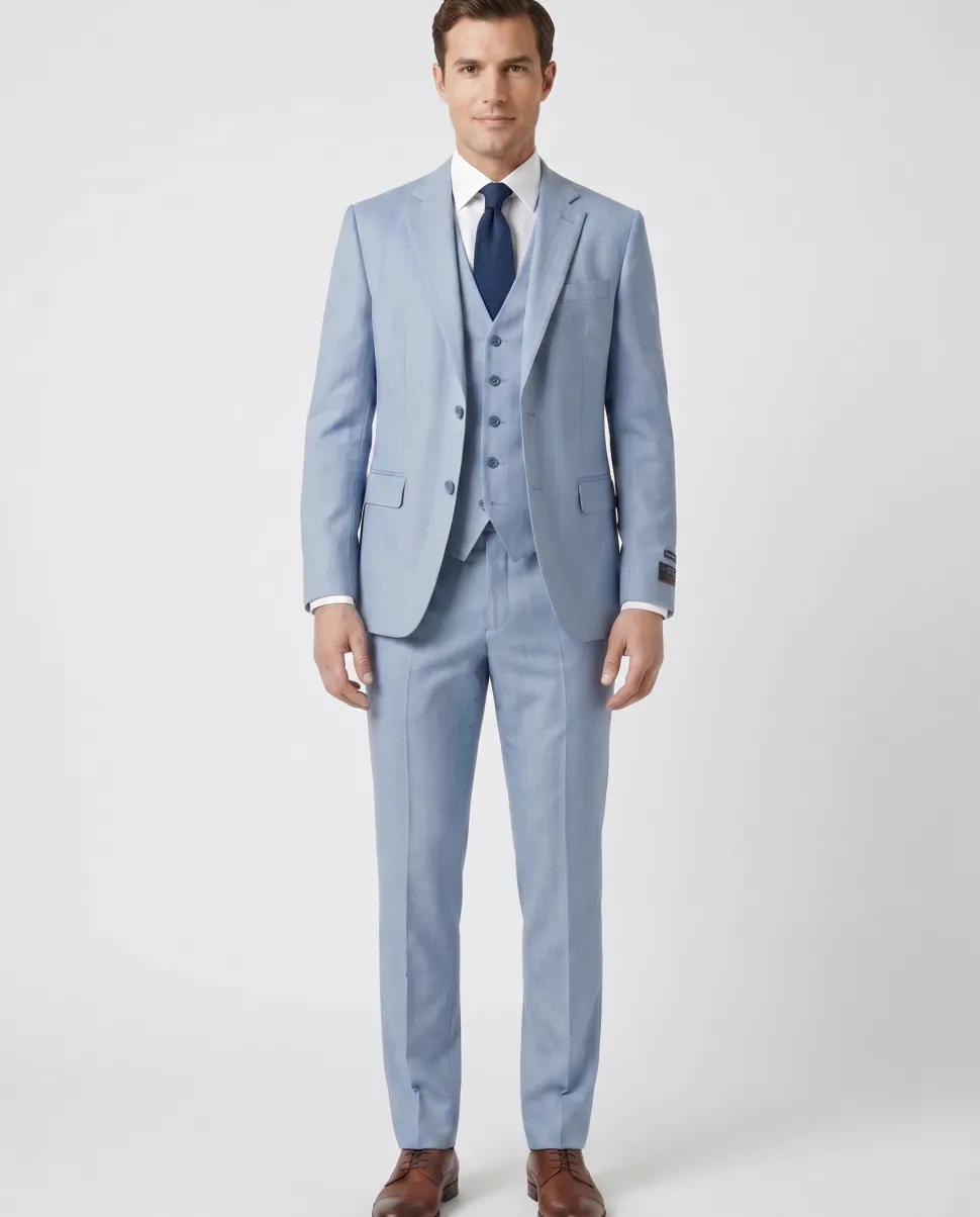 Beragamo Blue Herringbone Slim Fit Notch Lapel Stretch 3-Piece Suit
