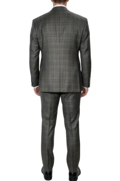Beragamo Elegant Green With Blue Plaid Double Breasted Modern Fit Peak Lapel Wool 2 Button Suit