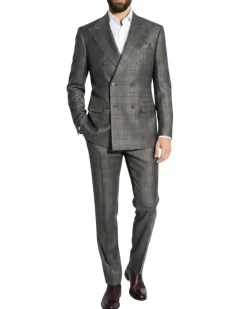 Beragamo Elegant Green With Blue Plaid Double Breasted Modern Fit Peak Lapel Wool 2 Button Suit