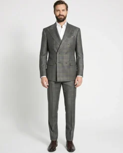 Beragamo Elegant Green With Blue Plaid Double Breasted Modern Fit Peak Lapel Wool 2 Button Suit