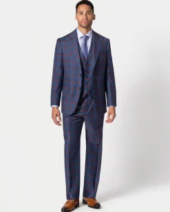 Beragamo Elegant Men Blue Plaid Classic Fit 100% Wool 3 Piece Suit & Peak Lapels