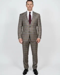 Beragamo Elegant Mens Beige With Light Blue Plaid Modern Fit Peak Lapel Wool 2 Button Suit