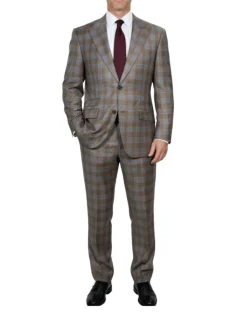 Beragamo Elegant Mens Beige With Light Blue Plaid Modern Fit Peak Lapel Wool 2 Button Suit