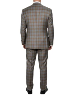 Beragamo Elegant Mens Beige With Light Blue Plaid Modern Fit Peak Lapel Wool 2 Button Suit