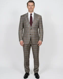 Beragamo Elegant Mens Beige With Light Blue Plaid Slim Fit Peak Lapel Wool 2 Button Suit
