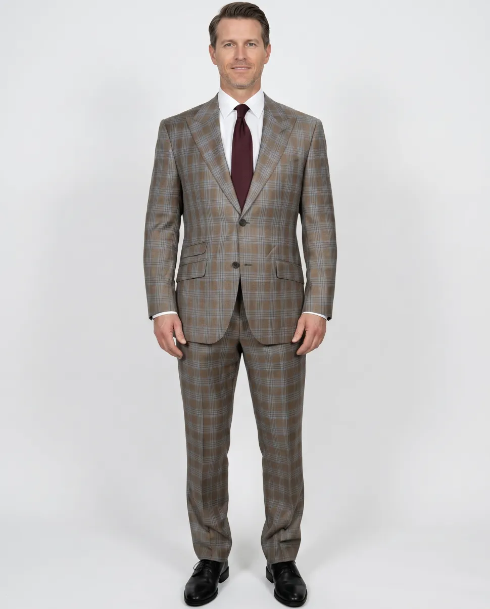 Beragamo Elegant Mens Beige With Light Blue Plaid Slim Fit Peak Lapel Wool 2 Button Suit