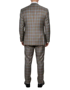 Beragamo Elegant Mens Beige With Light Blue Plaid Slim Fit Peak Lapel Wool 2 Button Suit