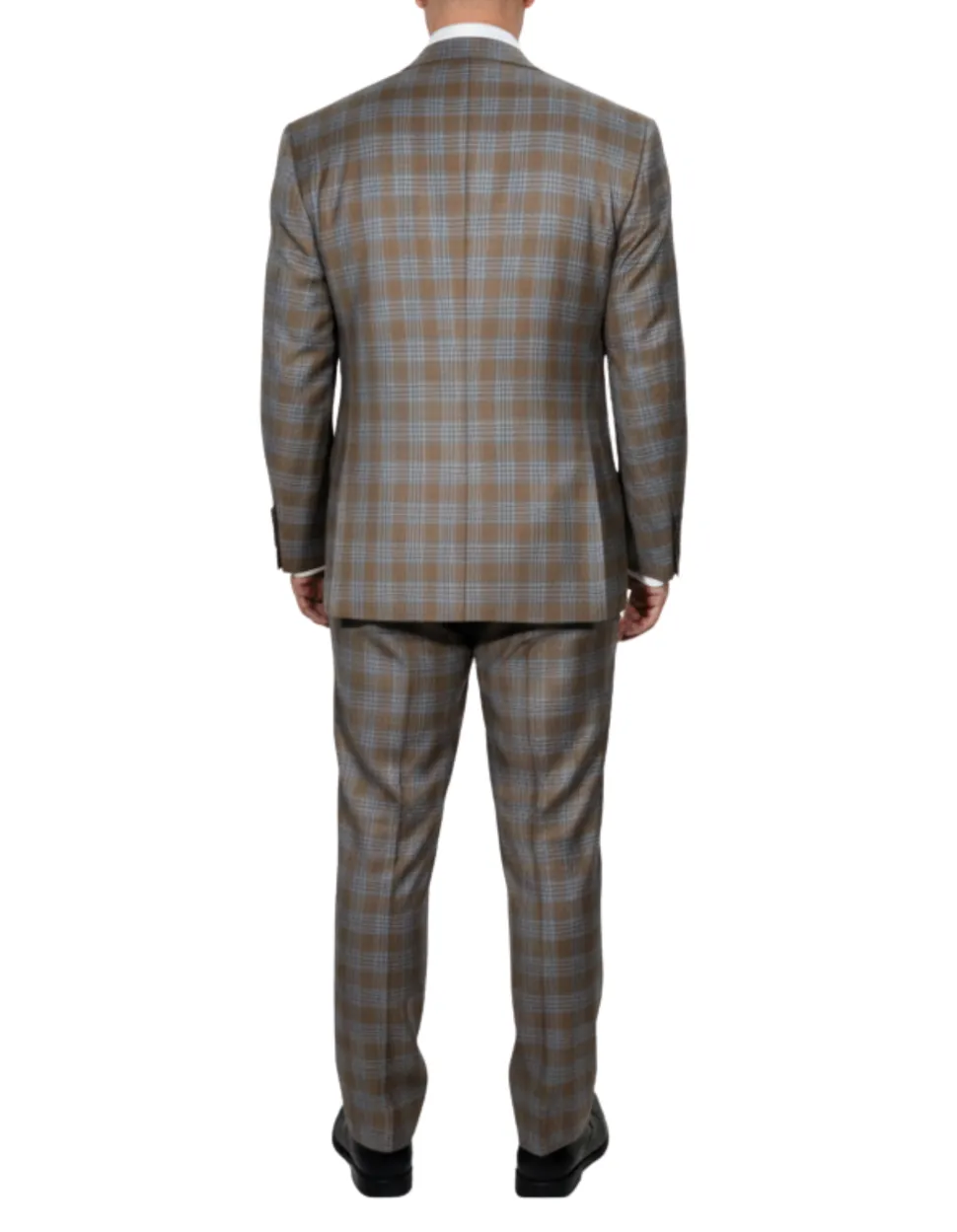 Beragamo Elegant Mens Beige With Light Blue Plaid Slim Fit Peak Lapel Wool 2 Button Suit