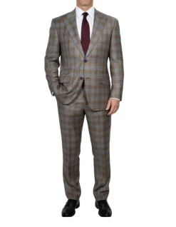 Beragamo Elegant Mens Beige With Light Blue Plaid Slim Fit Peak Lapel Wool 2 Button Suit