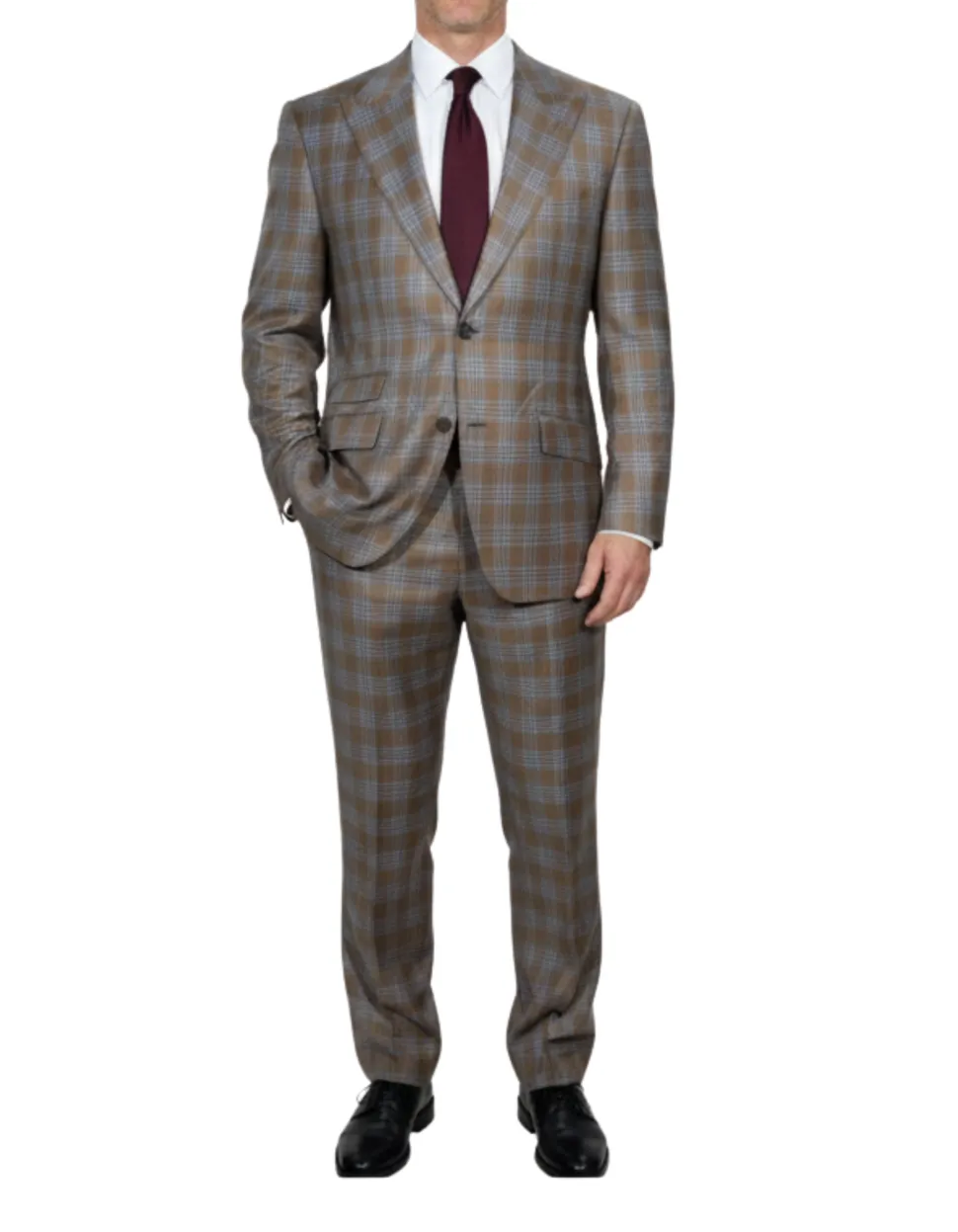 Beragamo Elegant Mens Beige With Light Blue Plaid Slim Fit Peak Lapel Wool 2 Button Suit