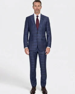 Beragamo Elegant Mens Blue With Burgundy Plaid Modern Fit Peak Lapel Wool 2 Button Suit