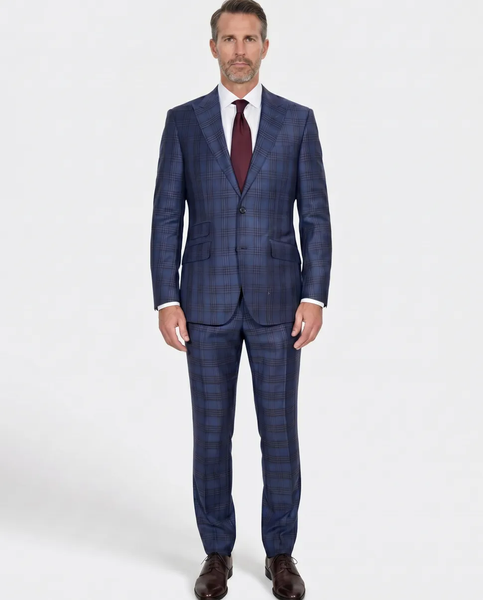 Beragamo Elegant Mens Blue With Burgundy Plaid Modern Fit Peak Lapel Wool 2 Button Suit