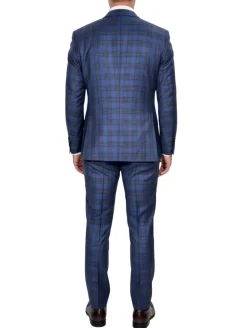 Beragamo Elegant Mens Blue With Burgundy Plaid Modern Fit Peak Lapel Wool 2 Button Suit