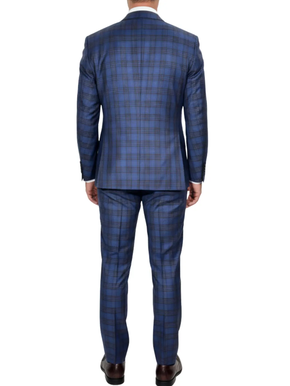 Beragamo Elegant Mens Blue With Burgundy Plaid Modern Fit Peak Lapel Wool 2 Button Suit
