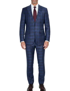 Beragamo Elegant Mens Blue With Burgundy Plaid Modern Fit Peak Lapel Wool 2 Button Suit