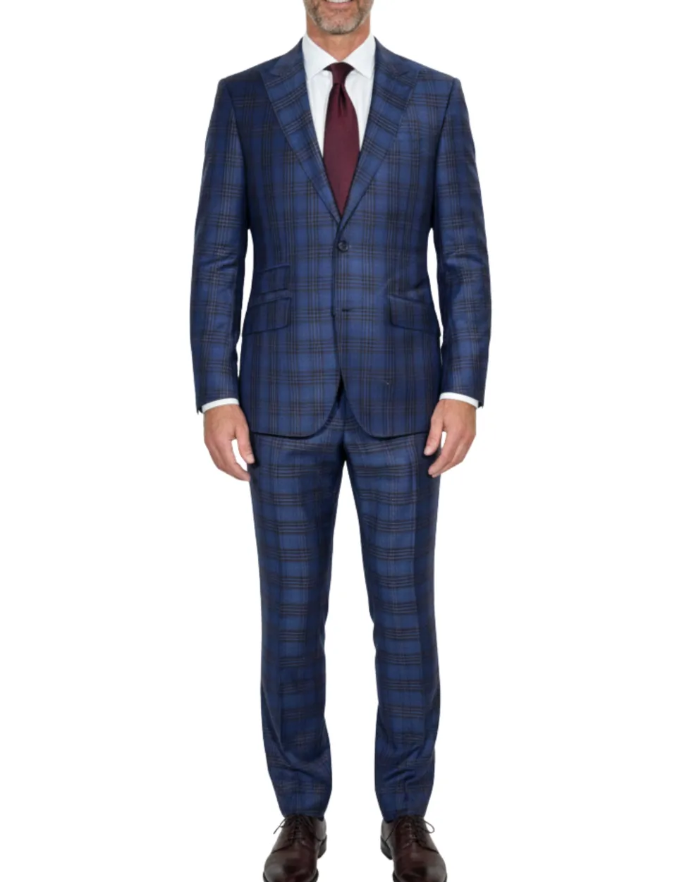Beragamo Elegant Mens Blue With Burgundy Plaid Modern Fit Peak Lapel Wool 2 Button Suit