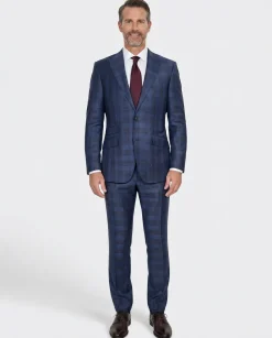 Beragamo Elegant Mens Blue With Burgundy Plaid Slim Fit Peak Lapel Wool 2 Button Suit