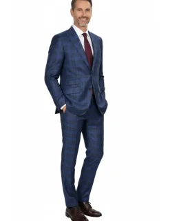 Beragamo Elegant Mens Blue With Burgundy Plaid Slim Fit Peak Lapel Wool 2 Button Suit