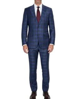 Beragamo Elegant Mens Blue With Burgundy Plaid Slim Fit Peak Lapel Wool 2 Button Suit