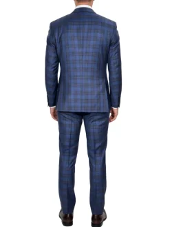 Beragamo Elegant Mens Blue With Burgundy Plaid Slim Fit Peak Lapel Wool 2 Button Suit