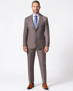 Beragamo Elegant Mens Brown Plaid Modern Fit 100% Wool 2 Piece Suit