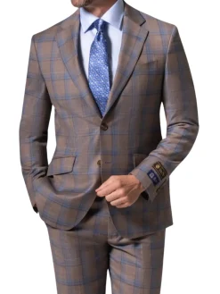 Beragamo Elegant Mens Brown Plaid Slim Fit 100% Wool 2 Piece Suit
