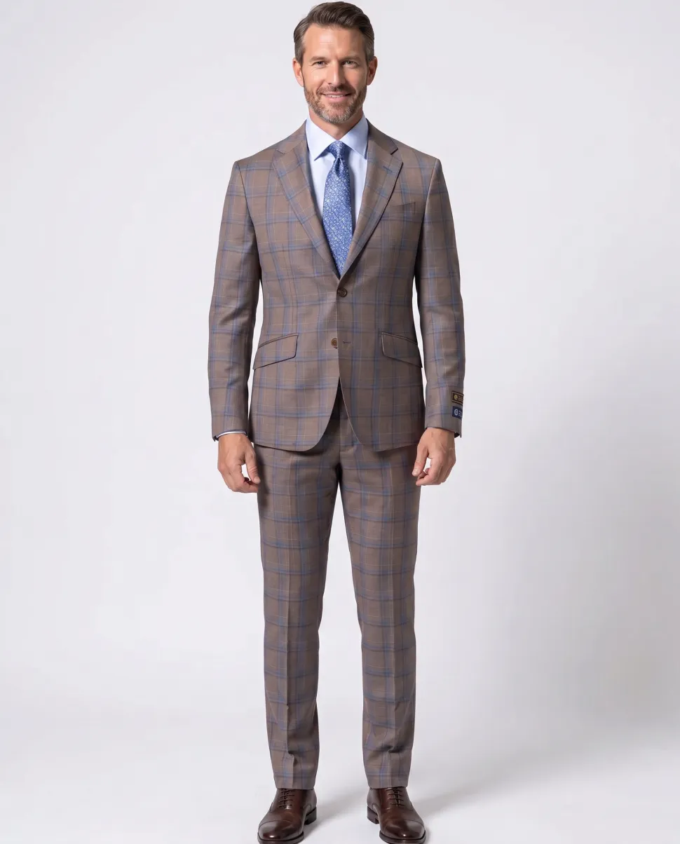 Beragamo Elegant Mens Brown Plaid Slim Fit 100% Wool 2 Piece Suit