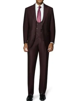 Beragamo Elegant Mens Burgundy 100% Wool Classic Fit Vested Suit with Peak Lapel
