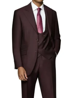 Beragamo Elegant Mens Burgundy 100% Wool Classic Fit Vested Suit with Peak Lapel
