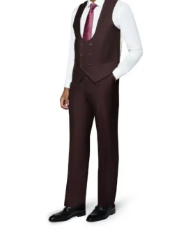 Beragamo Elegant Mens Burgundy 100% Wool Classic Fit Vested Suit with Peak Lapel