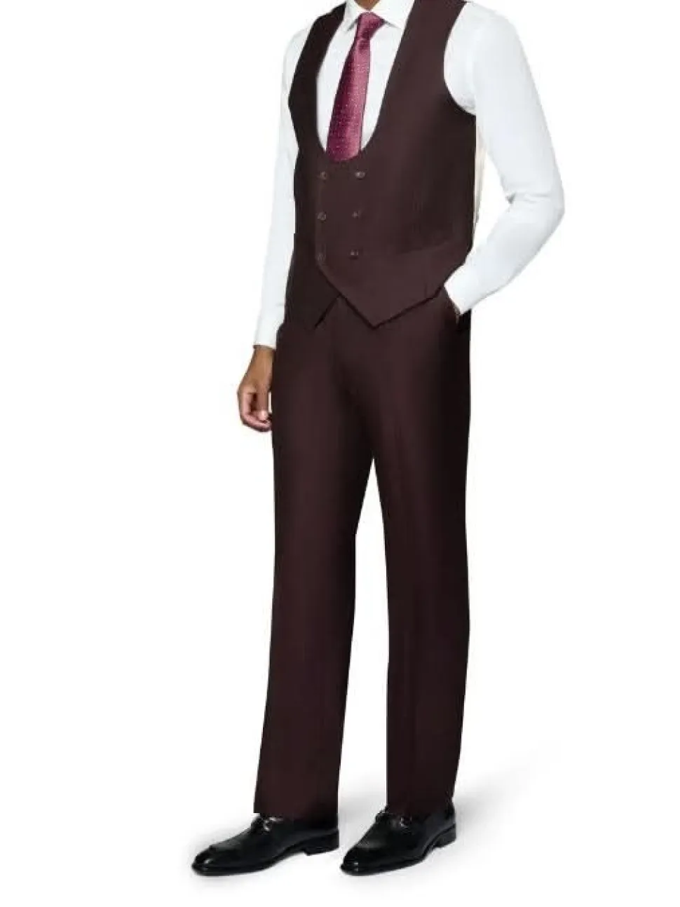Beragamo Elegant Mens Burgundy 100% Wool Classic Fit Vested Suit with Peak Lapel